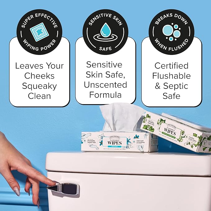Poo~Pourri Unscented Flushable Wipes - Made with Plant Based Fibers, Aloe, Vitamin E, Chamomile, and Oat Extract - Adult Wet Wipes - 150 count - Septic & Sewer Safe - Fragrance Free Packaging May Vary