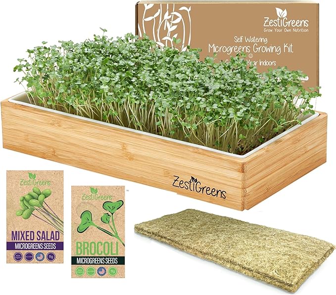 ZESTIGREENS Organic Self-Watering Microgreens Growing Kit – Reusable Indoor Grow Tray with Organic Seeds, Grow Mats & Bamboo Frame – Easy No-Soil Microgreens Starter Kit (Broccoli & Salad Mix)