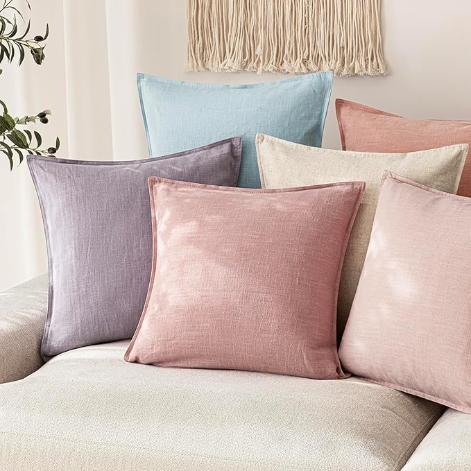 Foindtower Pack of 2, Decorative Linen Soild Throw Pillow Covers Soft Accent Cushion Euro Case Boho Farmhouse Pillowcase for Chair Couch Sofa Bedroom Living Room Home Decor 24 x 24 Inch Rose Pink