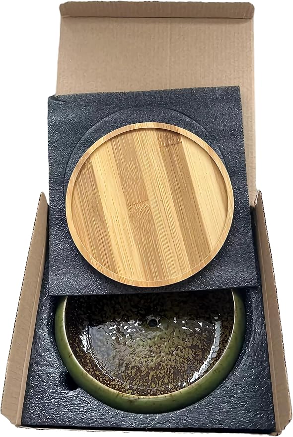 Cute Circular Ceramic Home Garden Decoration Succulent Cactus Flower Pots Container with Bamboo Tray -Plant Not Included (Red, 7.3 Inch)