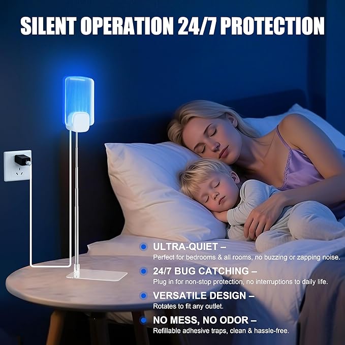 Insect Trap for Indoor Control of Fruit Flies and Gnats, Uses Gentle Purple Light, Pollution-Free and Chemical-Free, Includes 1 Plug-in Device and 4 Sticky Traps, with an Extendable Pole and Base
