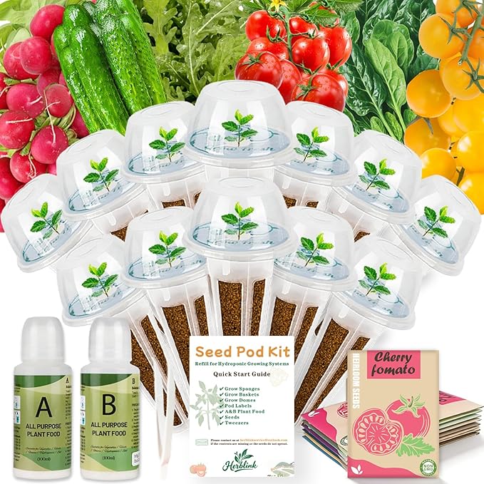 Hydroponic Seed Pod for Aerogarden, Ahopegarden, LETPOT, URUQ - 12 Salad Refill Grow Pods with 6 Packets Seeds of Mini Cucumber, Arugula, Spinach, Cherry Radish & Tomato for All Hydroponic Systems