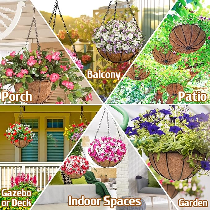 ZeeDix 3 Pack 10 Inch Metal Hanging Baskets, Round Wire Hanging Planters with Coconut Liners Replacement for Plants Flowers Outdoor Outside Deck Porch Garden Balcony Decoration