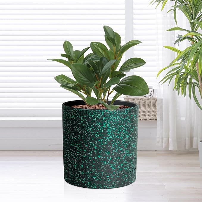 Meowell 6/5/4 inch Plant Pots, 3 Pack Cylinder Flower Pots for Small Indoor Outdoor Plants, Plastic Planters with Drainage Holes and Saucers for Garden Succulent Plants, Black with Green Speckles