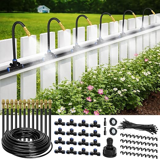 BluePro Drip Irrigation System 50FT 1/4", 2026-Upgrade Garden Sprinkler Kit with 12PCS 360° Adjustable Copper Nozzles, Automatic Misting Watering System for Raised Beds, Greenhouse, Lawn, Patio, Yard