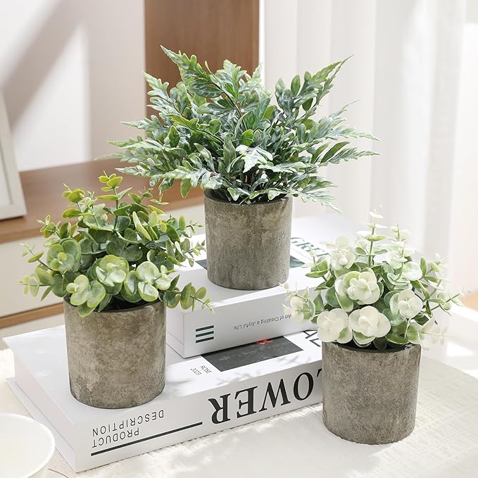 3 Pack Mini Potted Fake Plants Artificial Plastic Indoor Eucalyptus Plants for Home, Office, Desk, Bathroom, Coffee Table & Shelf (Green)