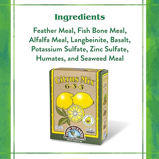 Down To Earth All Natural Fertilizers Organic Citrus Mix - Plant Food for Lemons, Limes, Oranges and Avocados 6-3-3, 5 lb