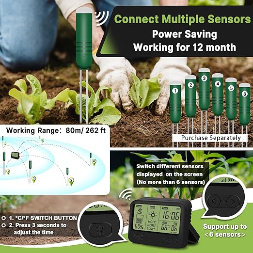 4-in-1 Wireless Soil Moisture Meter/Thermometer/Sunlight/Time,PH Paper, Waterproof Plant Moisture Sensor Meter with Digital LCD Display for Garden, Lawn and Indoor Plants