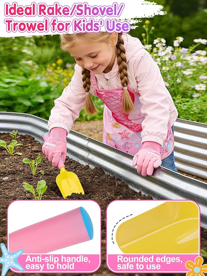 Kids Gardening Tool Set - Garden Tools for Kids with Shovel Trowel Rake Apron Gloves Watering Can and Tote Bag, Outdoor Toys Great Gifts for 3 4 5 6 7 8+ Years Old Girls (Downward Mermaid Tail)