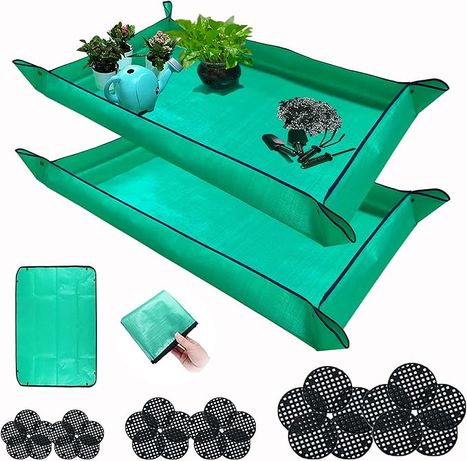 BIUWING 2PCS Repotting Mat for Indoor Plant Transplanting and Mess Control, 43" X 29" Waterproof Plant Potting Mat Foldable Gardening Succulent Plant Mat Large, with 30 Pieces Pot Hole Mesh Pads