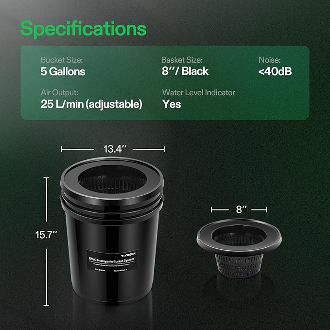 VIVOSUN DWC Hydroponics Grow System with Top Drip Kit, 5-Gallon Deep Water Culture, Recirculating Drip Garden System with Multi-Purpose Air Hose, Air Pump, and Air Stone (1 Bucket + Top Drip Kit)