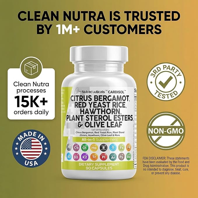 Clean Nutraceuticals Citrus Bergamot Red Yeast Rice Capsules with Plant Sterols - with Hawthorn Extract Olive Leaf Niacin Vitamin K3 D3 COQ10 Guggul & More