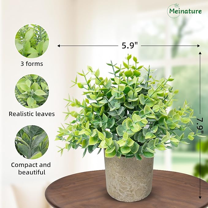 3 Pack Mini Potted Artificial Greenery, Realistic Frosted Faux Plants with Eco-Friendly Gray Pot, Lifelike Low-Maintenance Tabletop Decor for Home Office Desk Shelf