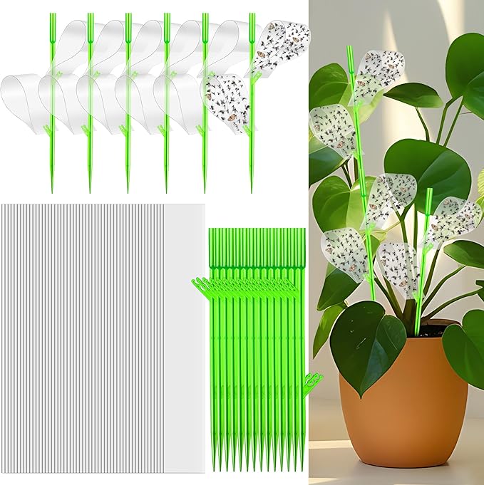 100 Pcs Gnat Sticky Traps for Plants, Sticky Traps for Gnats with 20 Stakes to Control, Aphids, Plant Bug, Mosquito Bits and Whiteflies(Transparent)