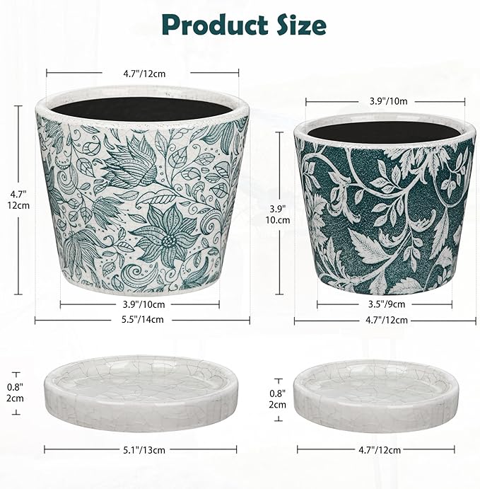 Set of 2 Ceramic Blue and White Plant Pots with Drainage Hole and Saucers, Vintage Farmhouse Accent Planters for Indoor Plants, Round Flower Pots Rustic Succulent Pot Terracotta Tubs 5.7/4.7 Inch