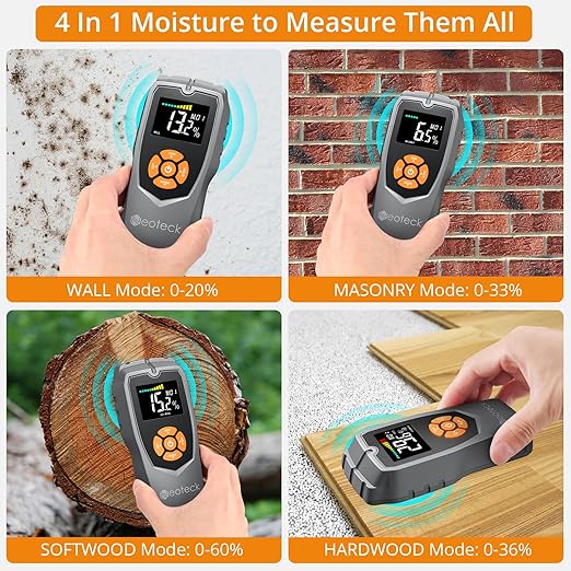 Neoteck Pinless Moisture Meter - Non-Destructive Wood & Masonry Moisture Detector with LCD Display & Sound Alarm for Walls, Drywall, Plaster, Floor, Concrete