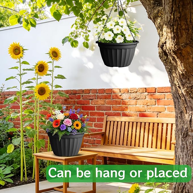 FGstyle 6 Pack Hanging Planters 8 Inch, Self Watering Pots for Indoor Plants, Plastic Hanging Basket with Soil Elevator and 20" Chain for Home Garden Porch Balcony Patio Decor (Black)