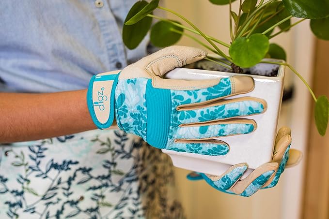 Digz Large Gardening Gloves for Women High Performance Thorn Proof Touchscreen Fingertips Reinforced Palm and Knuckle Padding Blue Leaves Pattern, 7607-23