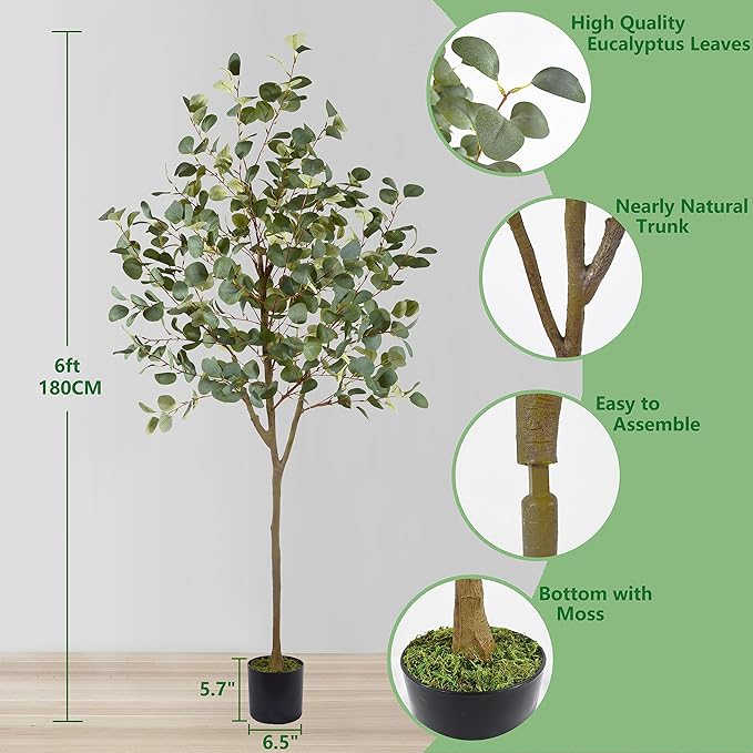 Warmplants Artificial Eucalyptus Tree, 6ft Tall Fake Eucalyptus Plant with Basket, Green Silver Dollars Silk Leaves Faux Tree for Home Office Livingroom Floor Decor Indoor
