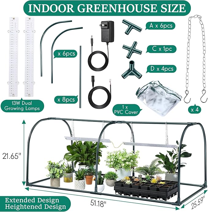 Meonum Mini Greenhouse with Grow Light, 51.18 "L x 25.59" W x 21.65" H Portable Greenhouses Waterproof UV-Resistant for Indoor/Outdoor Seed Starting(Dome Shape)