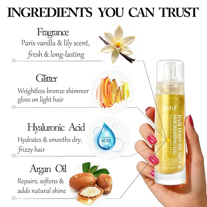 SLUJ Hair Perfume for Women - Hair Mist with Argan Oil & Gold Shimmer, Lightweight Hair Oil Spray for Dry Hair, Heat Protection Spray for Hair, Long Lasting Hair Scent
