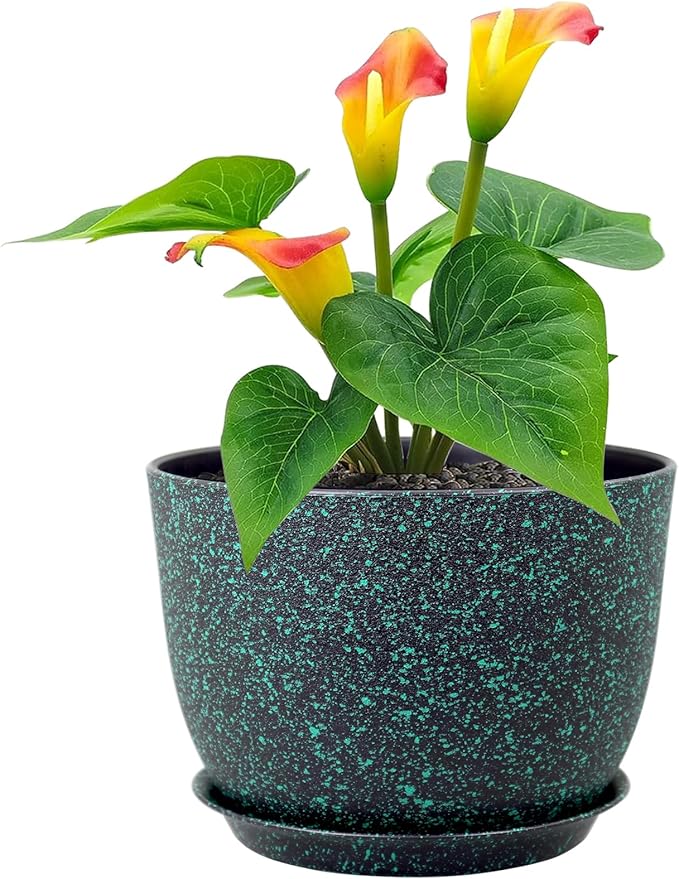 Meowell 12 inch Large Plant Pots, Plastic Planters with Drainage Holes and Saucers, Flower Pots for Indoor Outdoor Plants, Decorative Pots for Garden House Plants, Black with Green Speckles