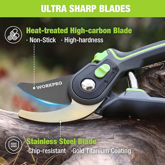 WORKPRO Bypass Pruning Shears, 9" Professional Garden Shears, Premium Steel Garden Clippers, Titanium Coated Garden Tool, Cuts Up to 3/4 Inch
