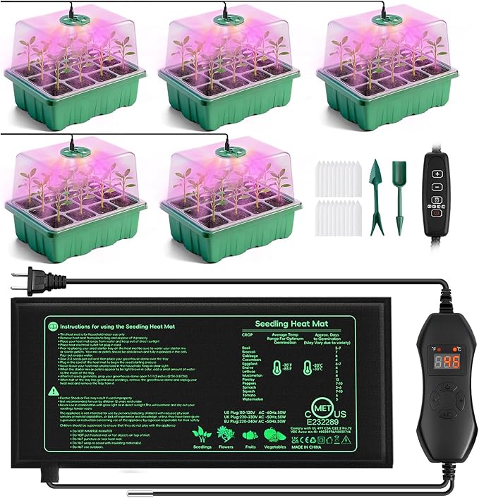 YAUNGEL Seed Starter Tray with Grow Light, Heat Mat with Thermostat, 5 Pack Seed Starter Kit with Timing Controller Adjustable Brightness, Thicken Seedling Starter Trays with Humidity Domes