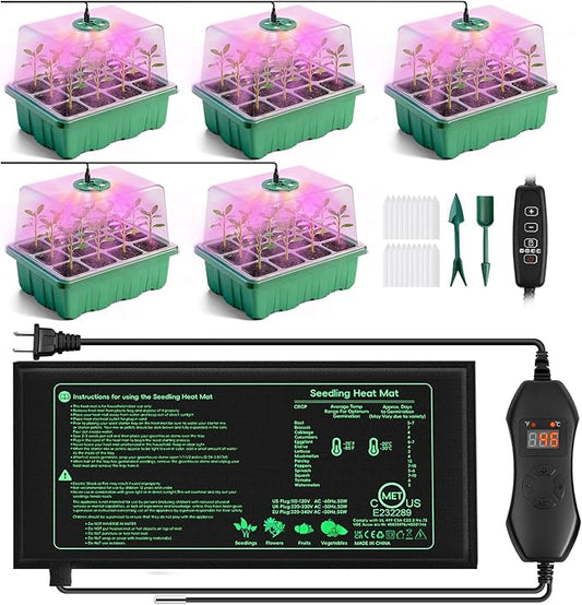 YAUNGEL Seed Starter Tray with Grow Light, Heat Mat with Thermostat, 5 Pack Seed Starter Kit with Timing Controller Adjustable Brightness, Thicken Seedling Starter Trays with Humidity Domes