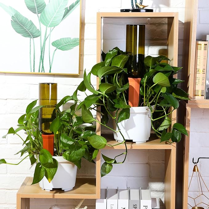 SiliFine 6 Sets Plant Watering Devices Include Terracotta Self Watering Spikes and 26 oz Plastic Bottles, Slow Release Vacation Insert Automatic Plant Waterer Device (Green Clear Brown and Terracotta)