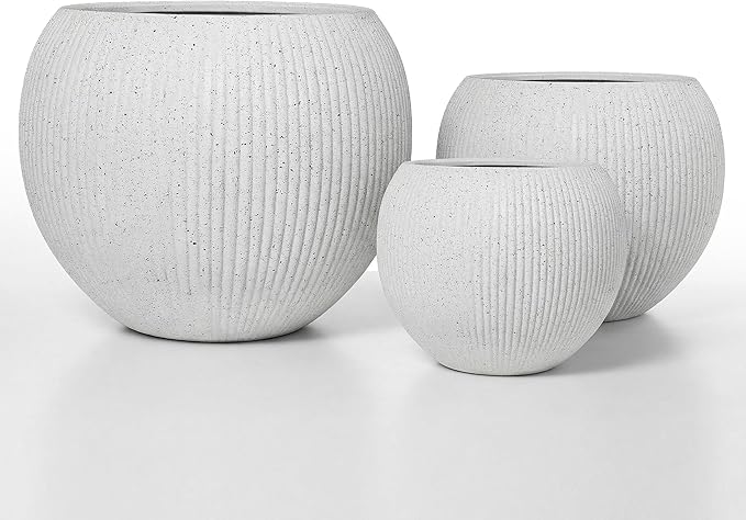 DTY Mount Sherman 12.6" D x 10'' H (Pot Opening 8.5") Fiberstone Round Planter with Drainage Hole, Smooth Finishes, Weather Resistant for Indoor and Outdoor, 2 Extra Coco Mats - White Ribbed,Small