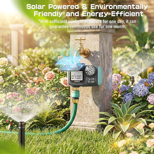 Solar Power Sprinkler Timer with Brass Inlet, CyberOrd Programmable Water Timer for Garden Hose, Hose Timers with Rain Delay/Manual/Automatic Watering System, Digital Irrigation for Yard, Lawn, Garden