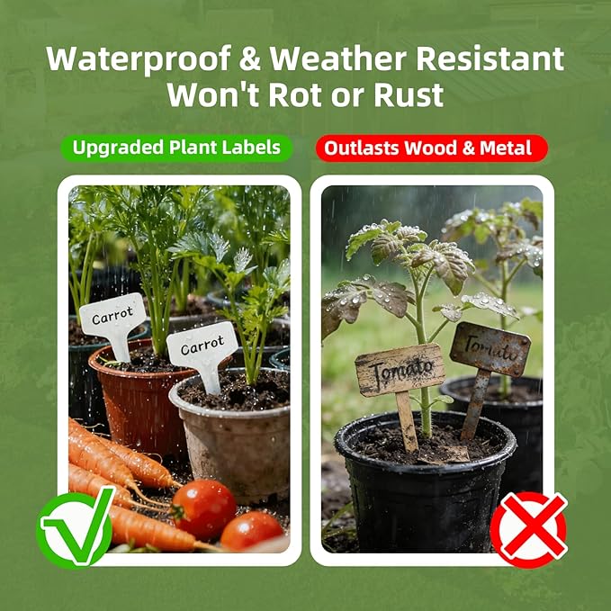 Kmosenia 100 Pcs 4" Plant Labels with Marker Pen, Waterproof T-Type Garden Tags for Seeds, Flowers, Vegetable Seedlings, Plastic Nursery Markers for Outdoor & Indoor Gardening Organization
