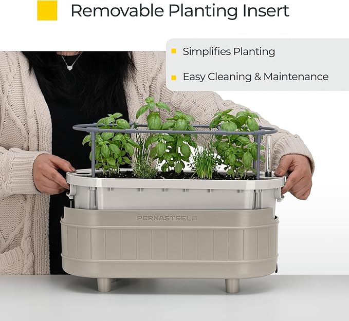 Permasteel Herb Garden Planter with Trellis Support, Self-Watering System with Water Level Indicator, Fits Multiple Herb Plants, for Basil, Flowers, Succulents, Indoor & Outdoor, Taupe