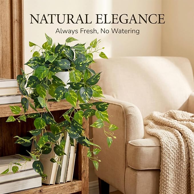 Waipfaru Fake Plants Artificial Plants Indoor, 1Pcs 34" Realistic Artificial Hanging Fake Pothos Vines Ivy Potted, Faux Pothos for Living Room Office Bedroom Bathroom Kitchen Shelves Indoor Home Decor