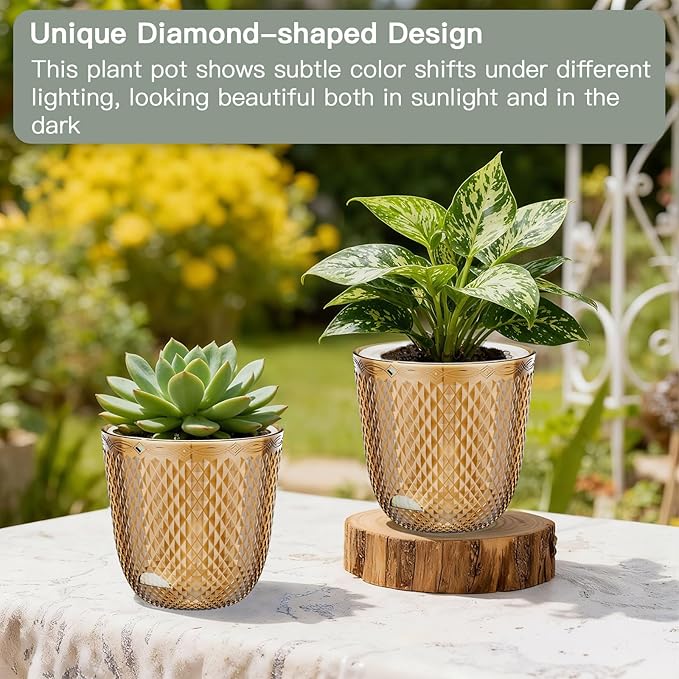 QCQHDU 2 Pack Self Watering Pots, 7.2 Inch Flower Pots with Drainage Holes and Water Filling Port, Garden Planter for Indoor Outdoor Plants (Gold)