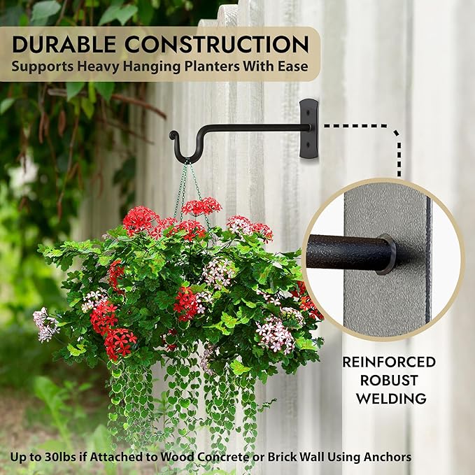 RTZEN Plant Hangers Outdoor or Indoor - Wrought Iron Metal Hanger Indoor Hook - Heavy Duty Wall Bracket Hooks for Hanging Plants Baskets Lanterns Wind Chimes - 2 Pack (Black Shepherds Hooks 7.5")