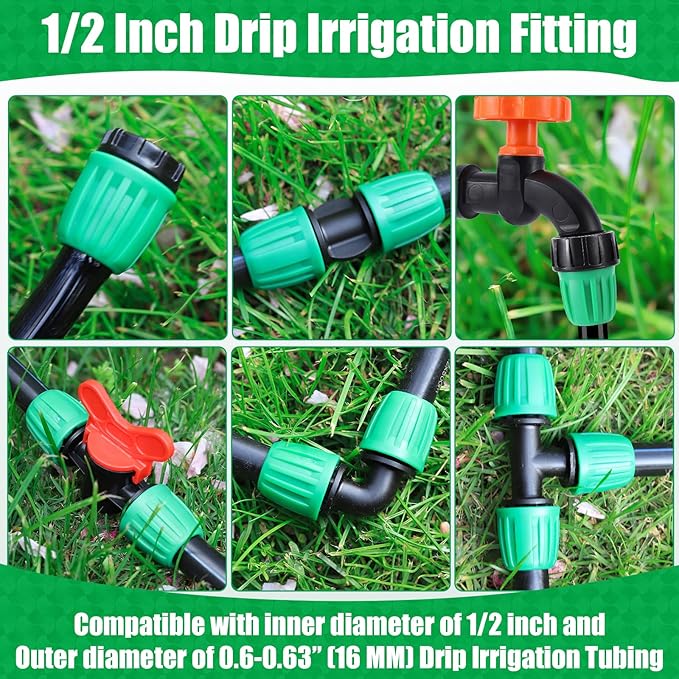 28 Pcs 1/2 Inch Drip Irrigation Fittings Kits,Drip Hose Connector for 1/2" Irrigation Tubing(1/2" ID x0.6-0.63"OD) with 6 Tees,6 Couplings,4 Switch Valves,4 End Cap, 4 Elbows,4 Faucet Adapter