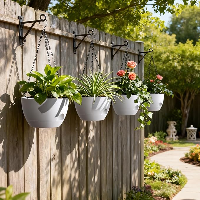 UOUZ 4 Pack 8 Inch Self Watering Hanging Planters for Indoor Outdoor Plants，Hanging Pots for Plants with Drainage Removable Tray, Hanging Baskets Flower Pots for Ivy Pothos Spider Garden Porch White