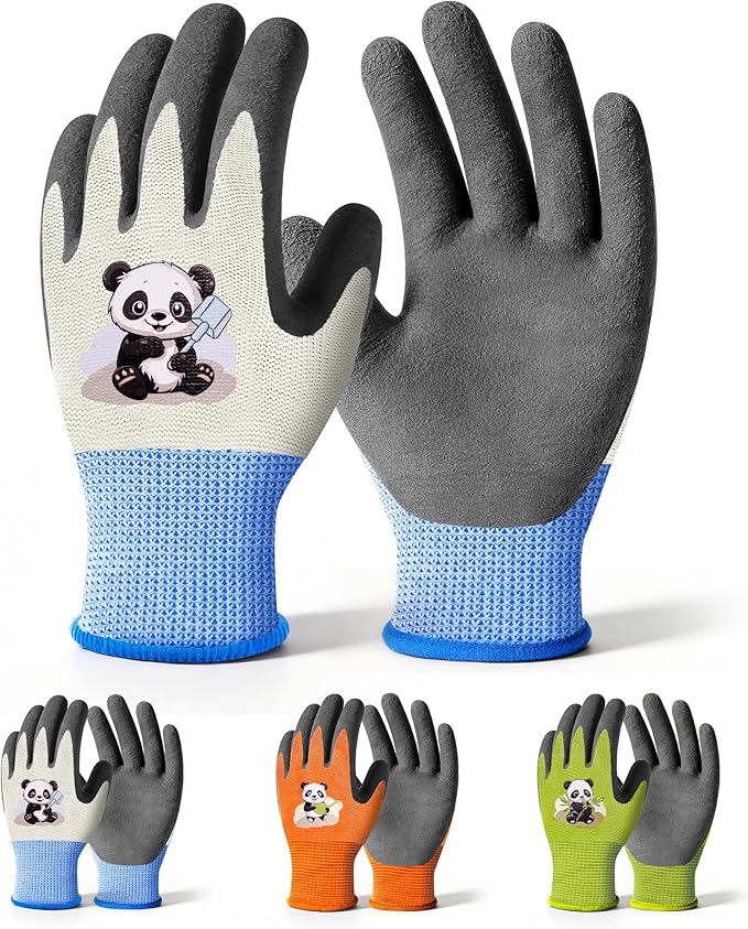 Mr. Panda 3 Pairs Skin-Friendly kids gardening gloves for Age 5-7, Rubber Coated childrens garden gloves, toddler work gloves, XXS