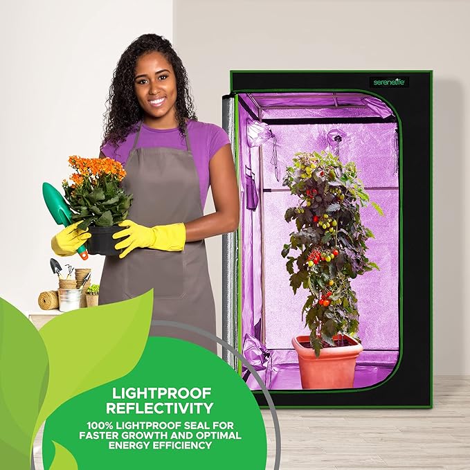 SereneLifeHome Medium Hydroponic Grow Tent Garden-48'' x 48'' x 80'' Indoor Plant Growing System w/Durable Reflective 600D Mylar,Observation Window-Includes Removable Floor Tray,Black,Green,SLGT48M