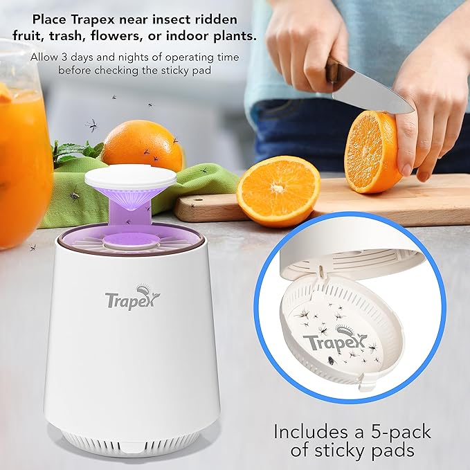 Indoor Fly Trap - Gnat Killer for Fruit Fly, Gnats, Moth, Mosquito & Bug with Refillable Bait Pod & 5 Sticky Pad Refills - Gnat Traps for House Indoor (White)