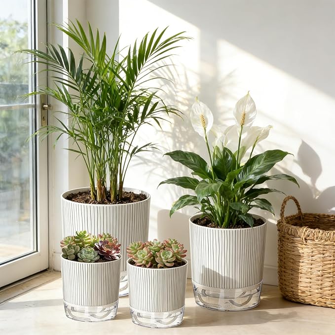 6 Pack Self Watering Pots for Indoor Plants, 4+5.5+6.3 Inch Self Watering Plant Pots Set, Flower Pots with Wick Rope and Reservoir for African Violet, Spider Plant, Orchid