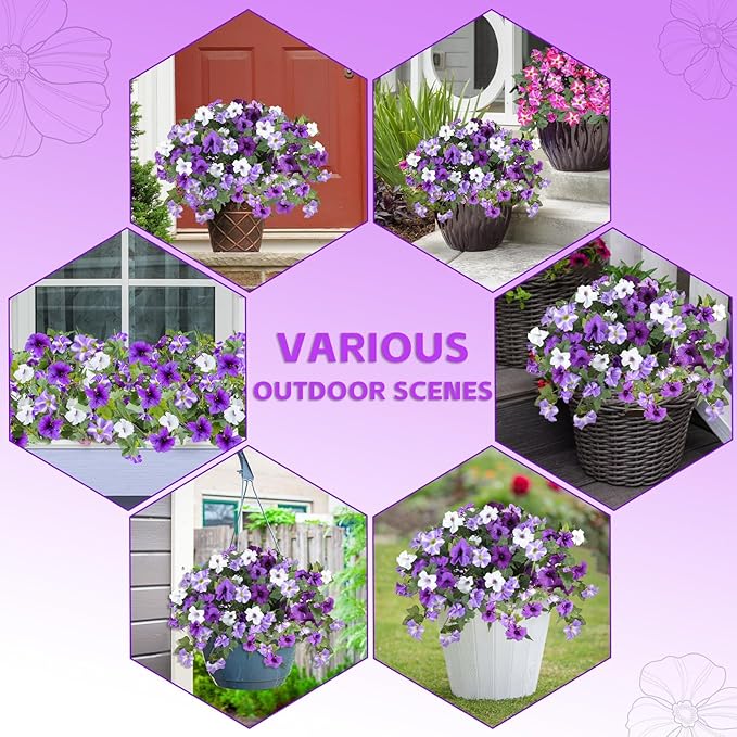 Alotiki Artificial Fake Flowers for Outdoor Plants Decoration,2 Pcs Faux Petunias Flowers Plants UV Resistant Silk for Porch Yard Garden Home Indoor Decor(Purple White)