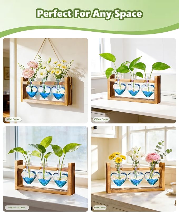 Nacome Plant Terrarium Propagation Stations: Mothers Day Gifts for Mom Plant Lovers Women Wife Daughter - 3 Bulb Glass Vase with Wooden Stand Tabletop for Hydroponics Home Garden Decor(Iridescent)