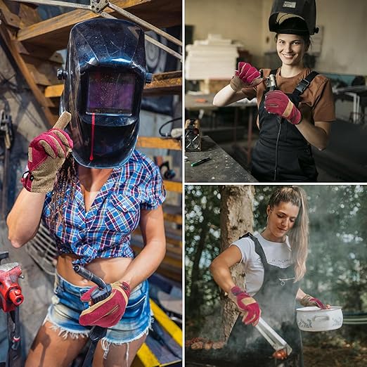 Leather Gardening Gloves for Women - Working Gloves for TIG/MIG Welding, Construction, Farm, Best Garden Gifts & Tools for Gardener (Medium)