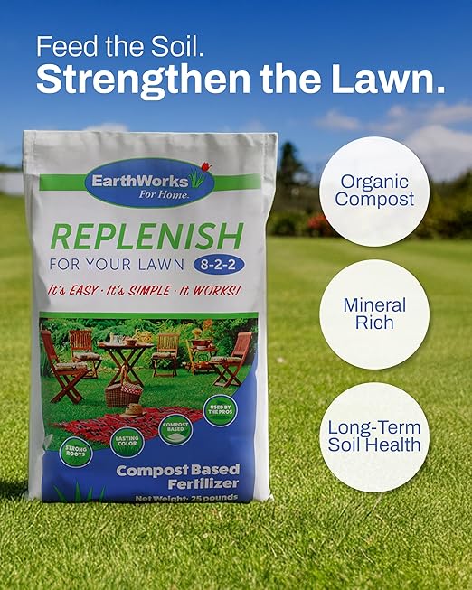 EarthWorks EW4H Replenish Lawn Fertilizer (8-2-2), Organic Compost Grass Food, Deep Root Turf Booster, Year-Round Green, Soil-Building Formula for All Seasons, 25 lbs