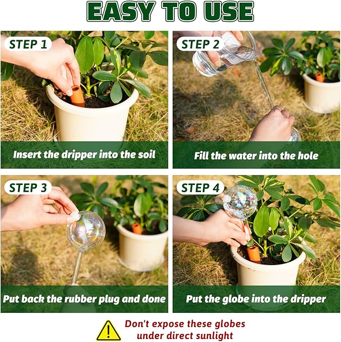3PC Plant Watering Globes, 6 oz Upgraded Iridescent Self Watering Globes with Terracotta Stakes & 5 Plant Labels, Auto Glass Watering Bulbs for Indoor Plants, Rainbow Vacation Plant Watering Devices