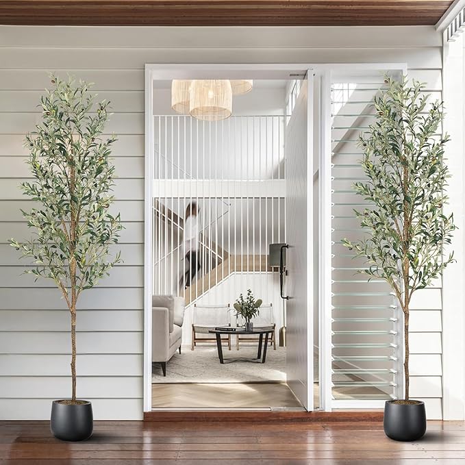 Artificial Fake Olive Tree 7FT Tall 2Pack Faux Silk Olive Tree for Home Living Room Office Decor Faux Artificial Plants Indoor Fake Potted Plants with Fruit & Free Moss