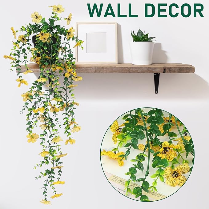 FAVOWREATH Fake Plants Hanging Artificial Potted Faux Eucalyptus Plants and Flowers for Modern Boho Farmhouse Bathroom Office Desk Wall Book Shelf Living Room Aesthetic Decor Indoor (Yellow)